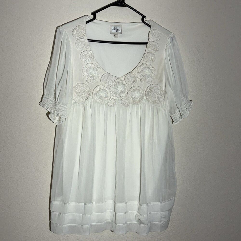 Womens Top XL Ivory‎ Short Sleeve Scoop Neck Baby Doll Fairy Dainty Romantic